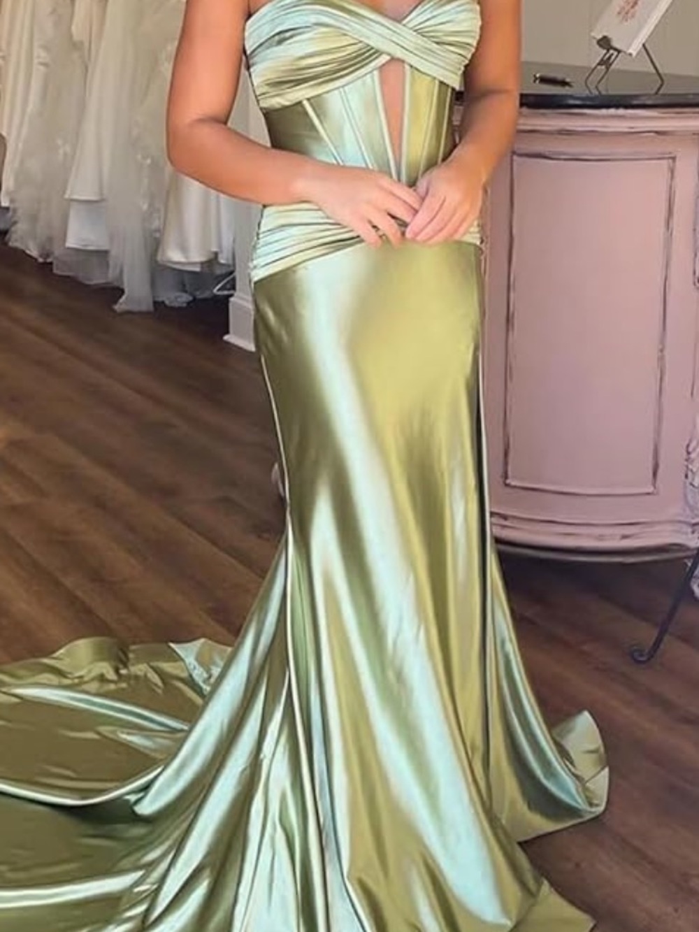 Strapless sage Green Satin Prom Dress with Corset Detail